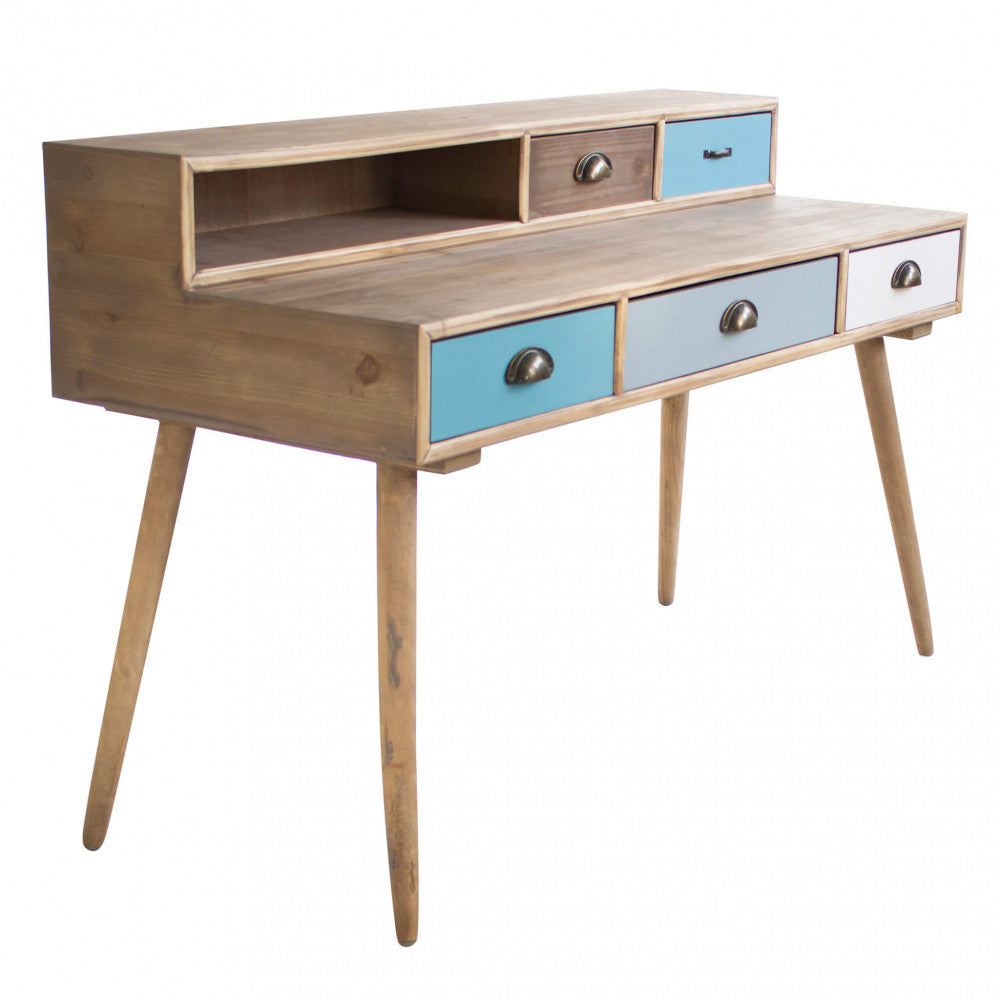 Bureau PC en bois MILLY avec 1 étagère et 5 tiroirs colorés