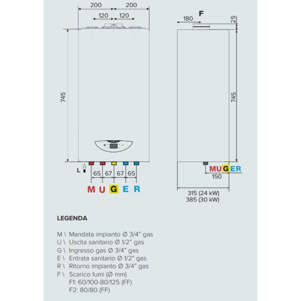 Caldaia murale a camera stagna e condensazione funzionamento metano e GPL classe energetica A 40xH74.5 cm