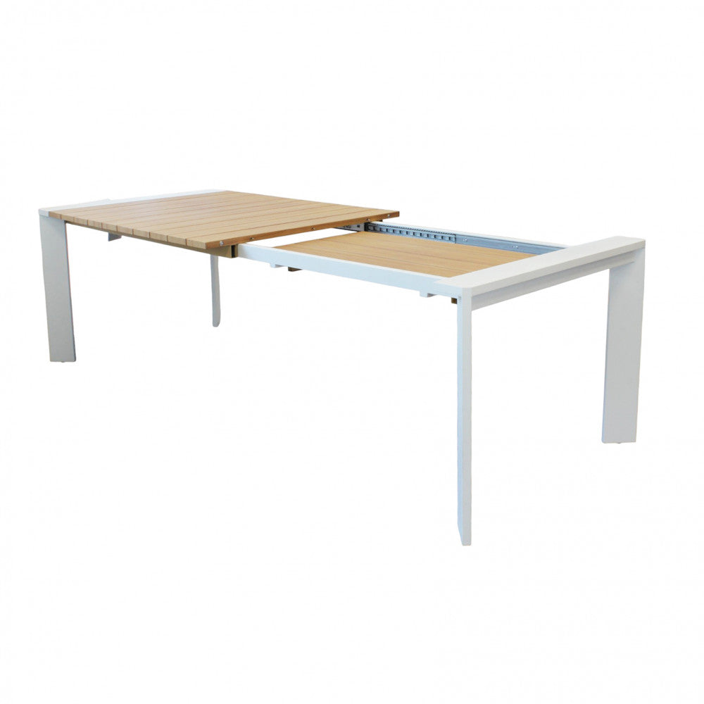 Tavolo rettangolare estensibile con struttura in alluminio bianco e piano effetto legno 150/200x100xH75 cm