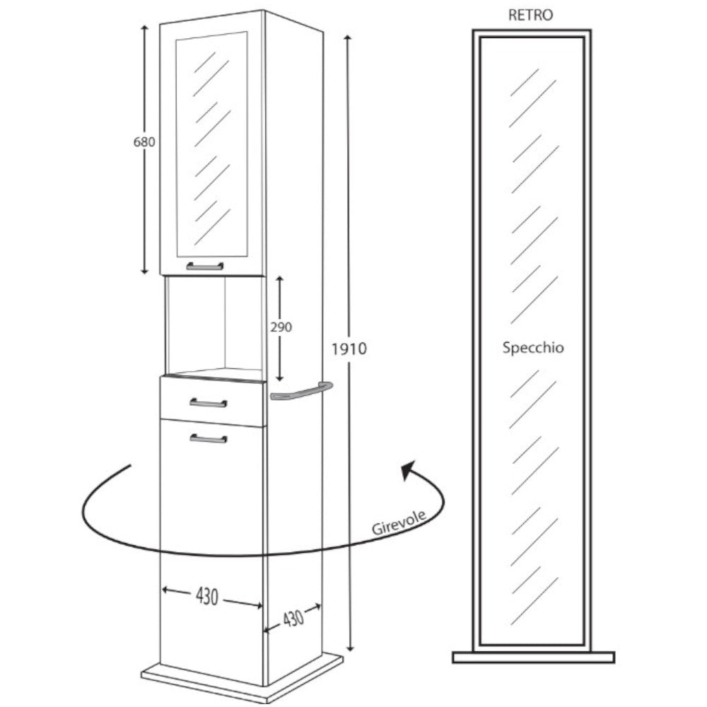 Colonna mobile da bagno girevole con specchio e ante apertura a destra 43x43xH191 cm