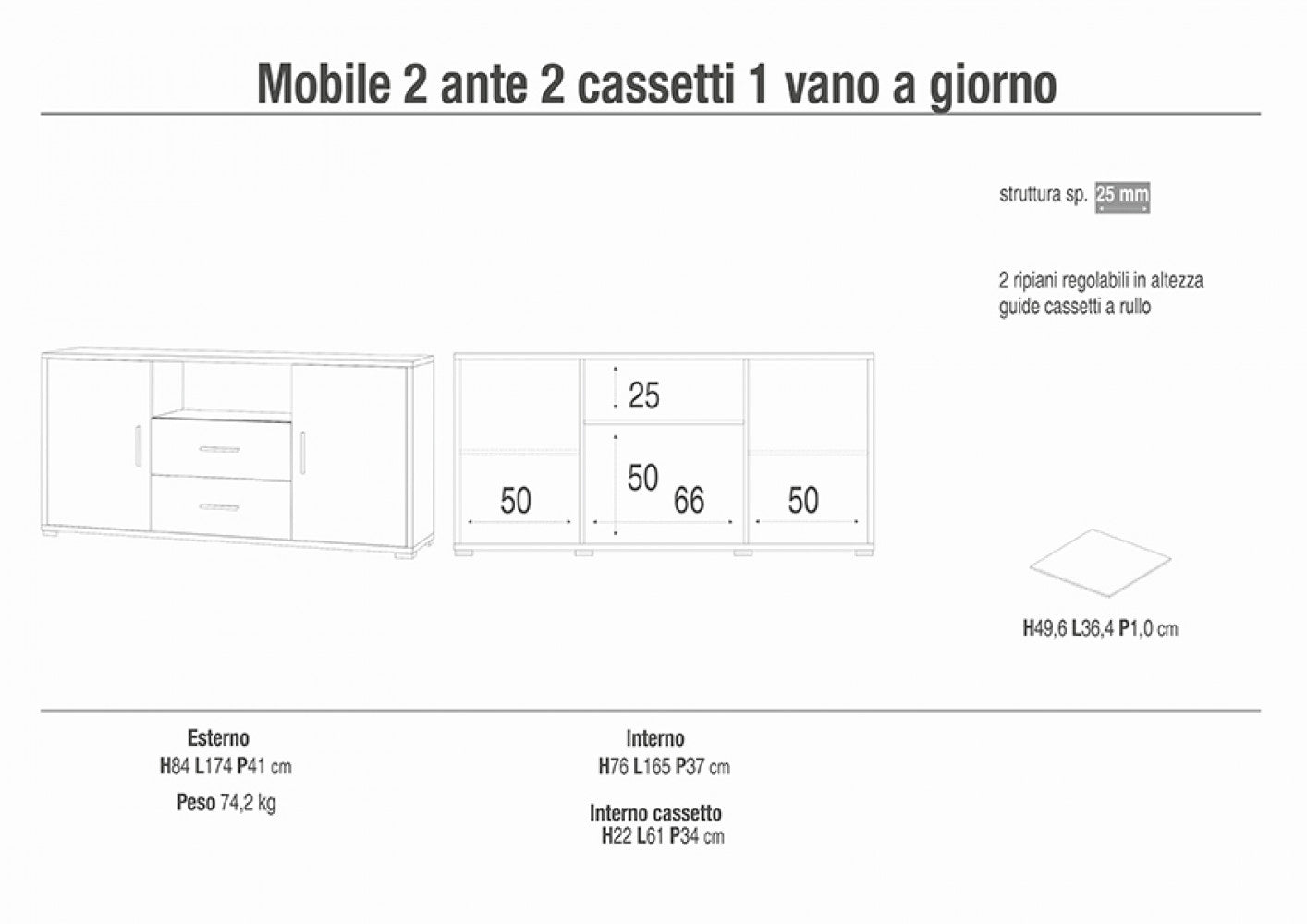 Adb802Osnsk Meuble 2 portes 2 tiroirs Kit oxyde blanc et noyer Stelvio