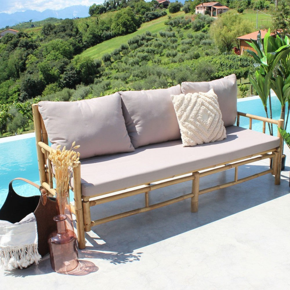 Divano in legno bamboo con cuscini marrone 180x70xH35/80 cm per esterno Margarita
