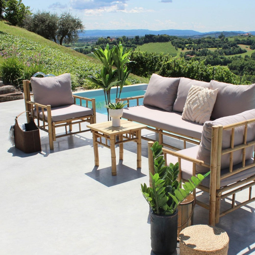 Divano in legno bamboo con cuscini marrone 180x70xH35/80 cm per esterno Margarita