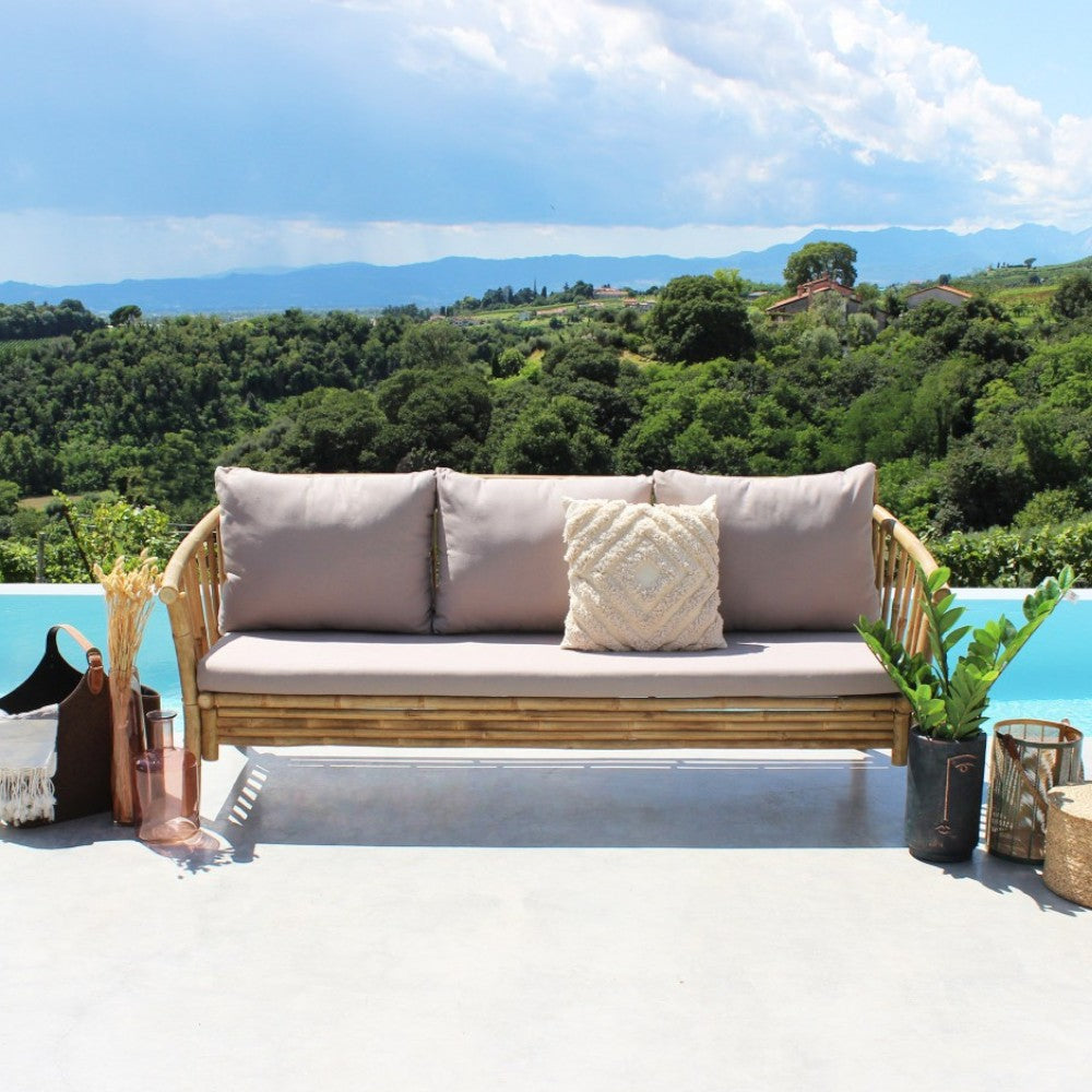Divano rettangolare in legno bamboo marrone con cuscini 195x67xH35/80 cm Bronx