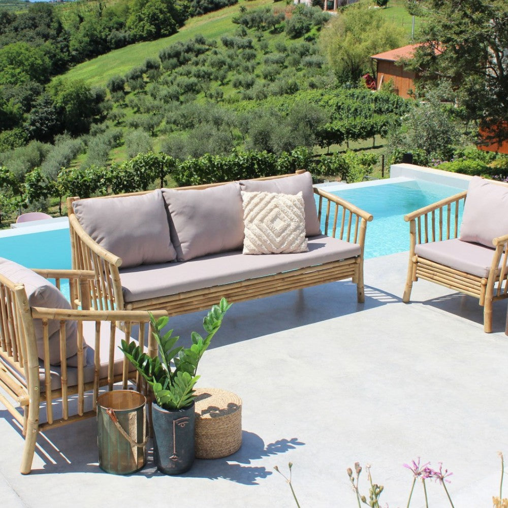 Divano rettangolare in legno bamboo marrone con cuscini 195x67xH35/80 cm Bronx