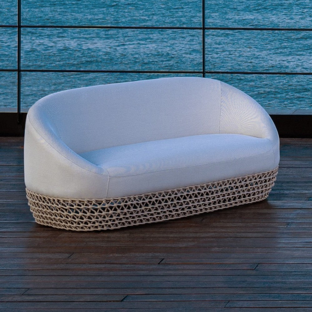 Divano rettangolare due posti in alluminio con cuscini beige e corde grigie 91x180xH71 cm
