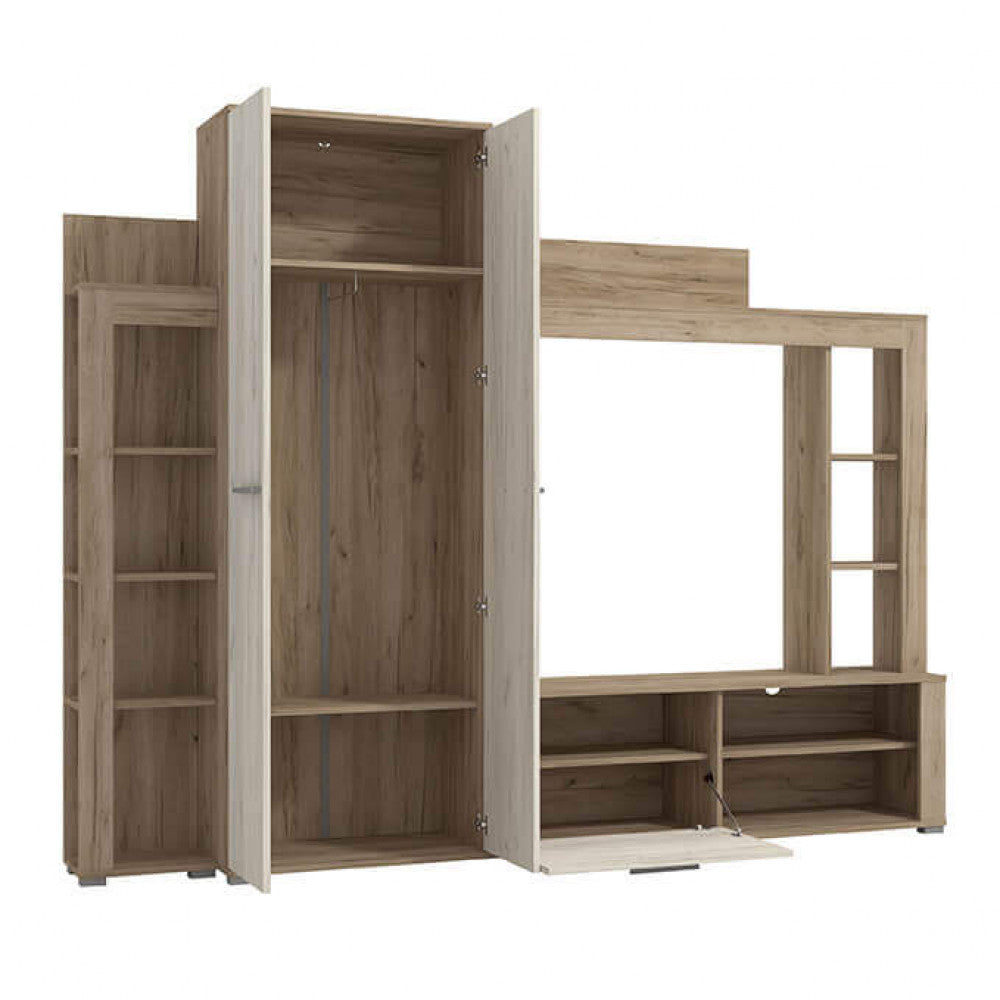 Meuble TV mural de salon en bois avec compartiment pour cintres et 9 étagères Manny
