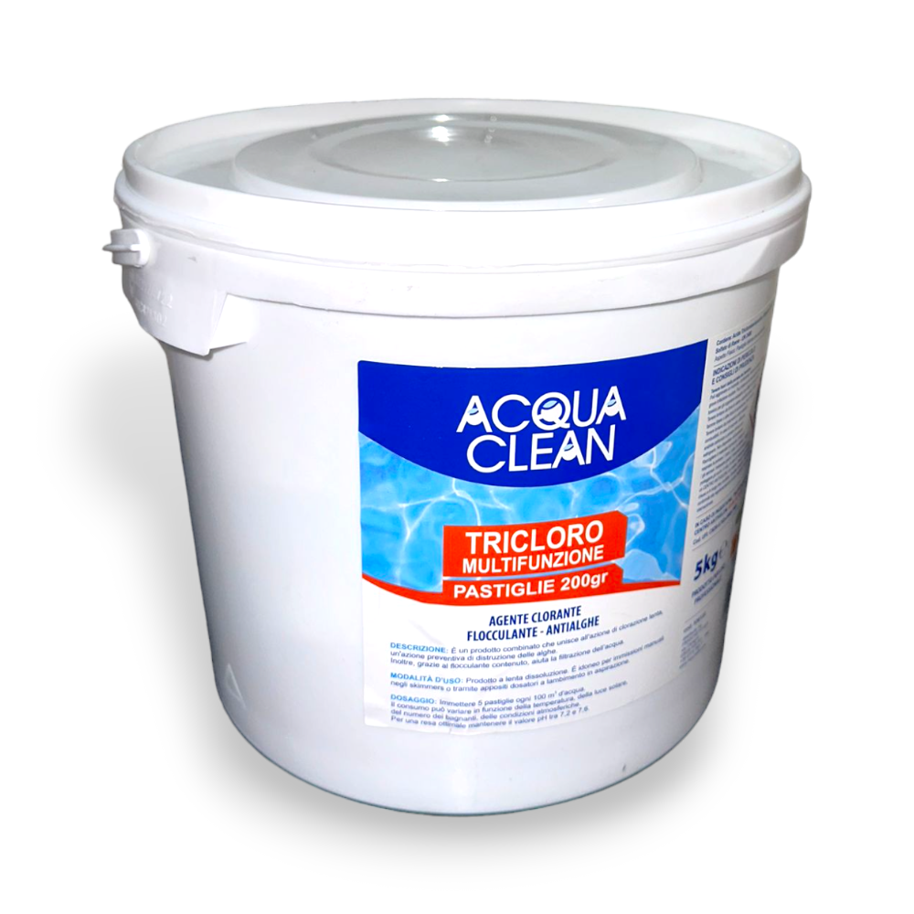 Chlore trichlore multifonction en pastilles de 200 g pour piscines Acqua Clean