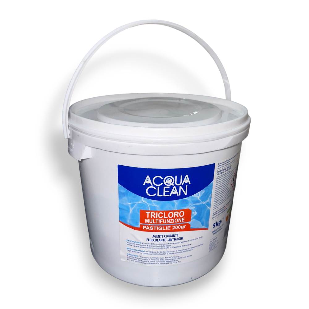 Chlore trichlore multifonction en pastilles de 200 g pour piscines Acqua Clean