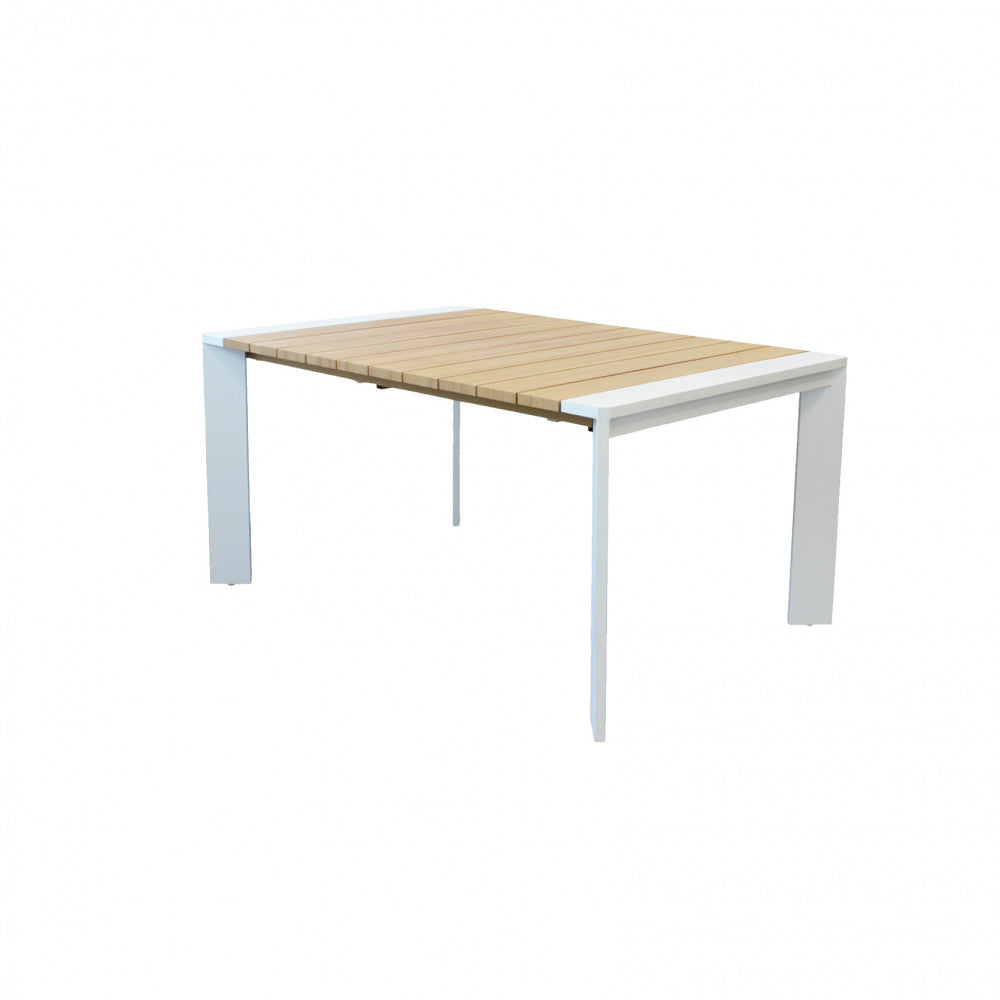 Tavolo rettangolare estensibile con struttura in alluminio bianco e piano effetto legno 150/200x100xH75 cm