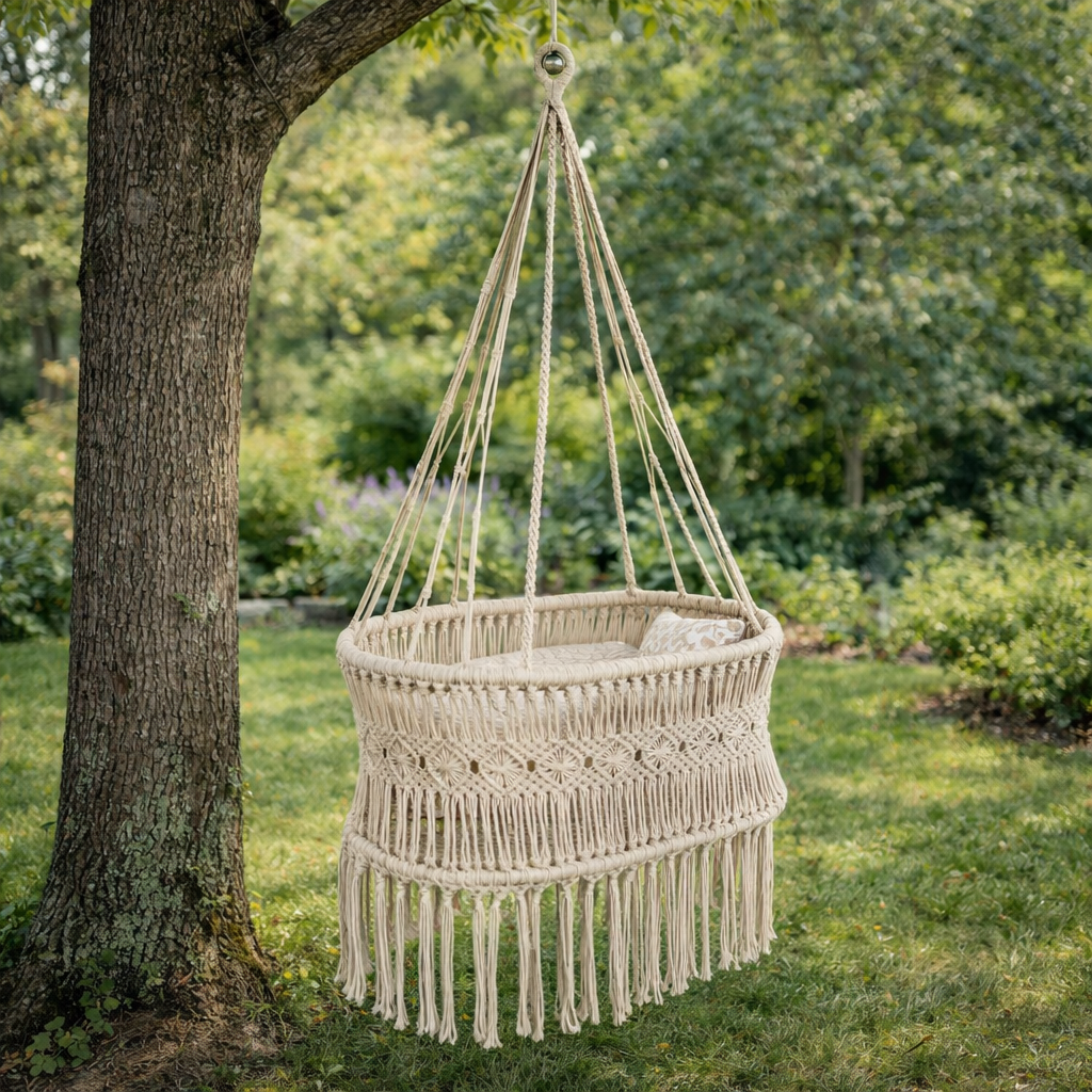 Amaca dondolo da giardino in cotone e supporto in legno di acacia