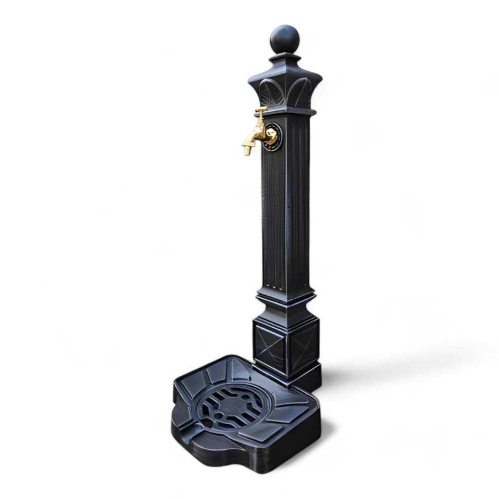 Fontana da giardino h82 cm in alluminio pressofuso antracite effetto antico con rubinetto dorato in ottone Venere