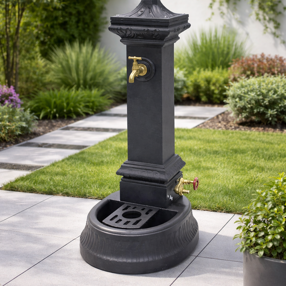 Fontana in ghisa a colonna verniciata antracite con rubinetto a farfalla Malin Mini