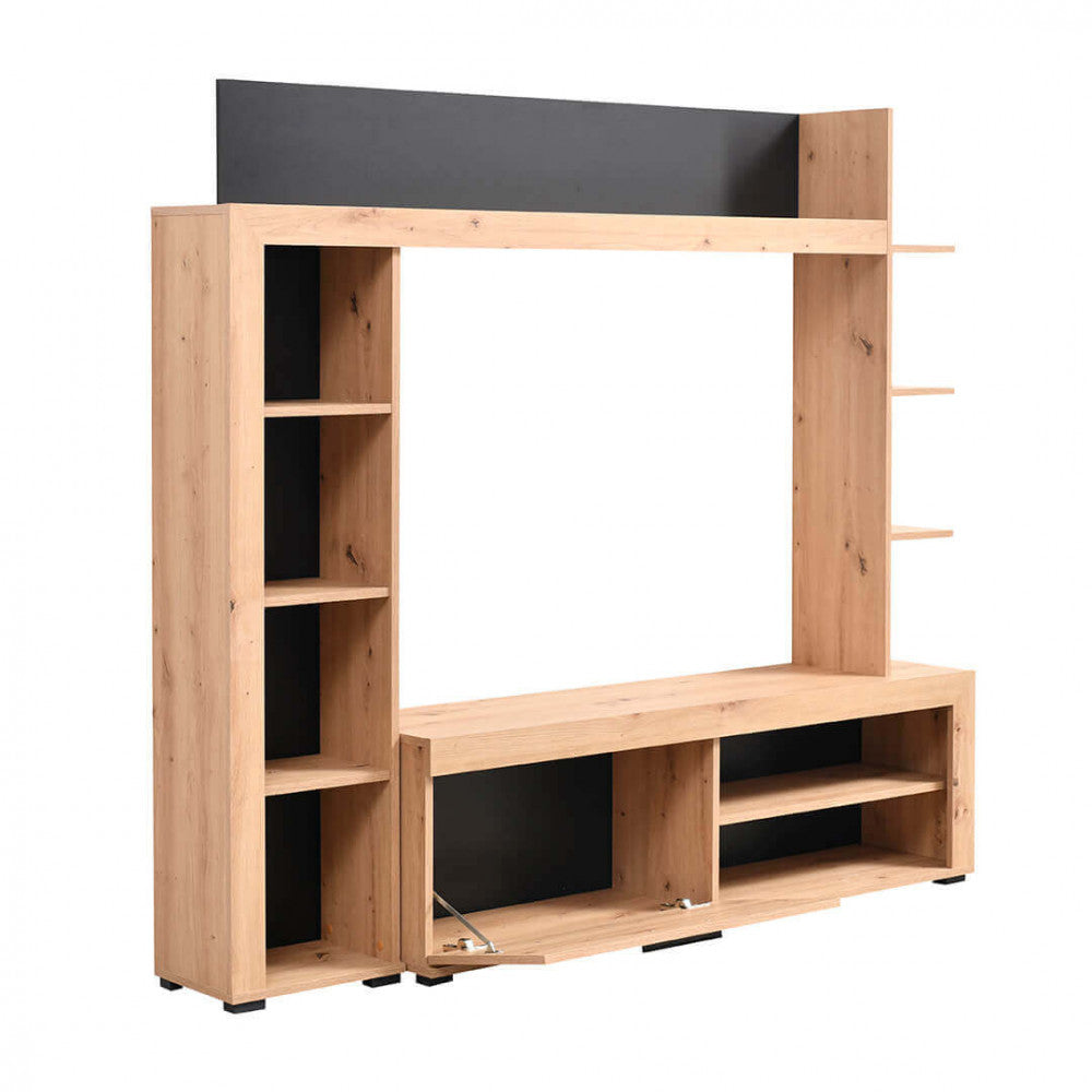 Élément mural TV de salon en bois avec 10 étagères et 1 porte abattante Jessy
