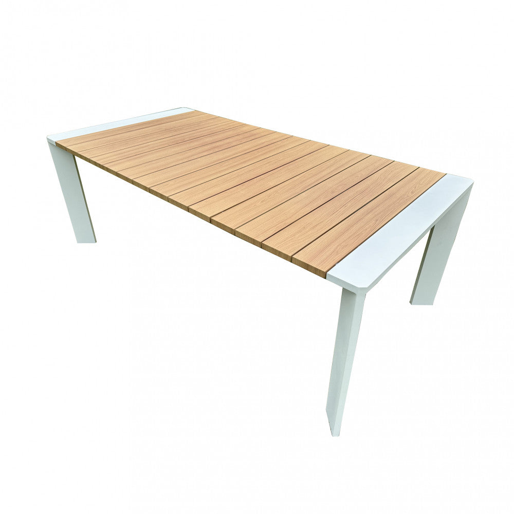 Tavolo rettangolare estensibile con struttura in alluminio bianco e piano effetto legno 150/200x100xH75 cm