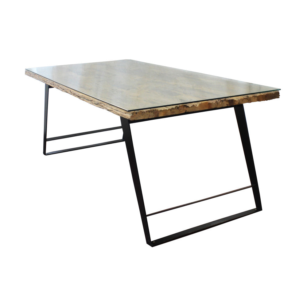 Tavolo con struttura in metallo e piano in legno con vetro temperato per interno 100x200xH77 cm