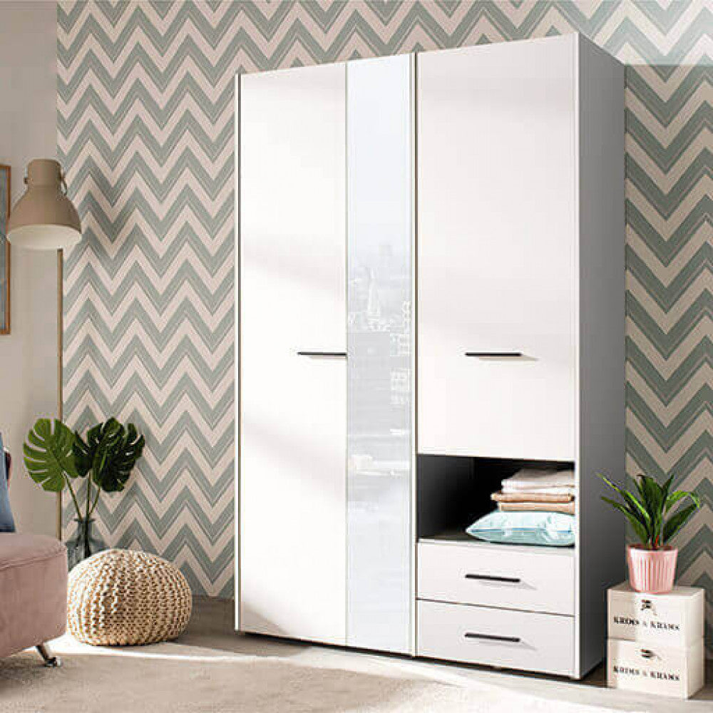 Armoire avec miroir intérieur en bois mélaminé avec 2 portes et 2 tiroirs et tringle à vêtements Fester