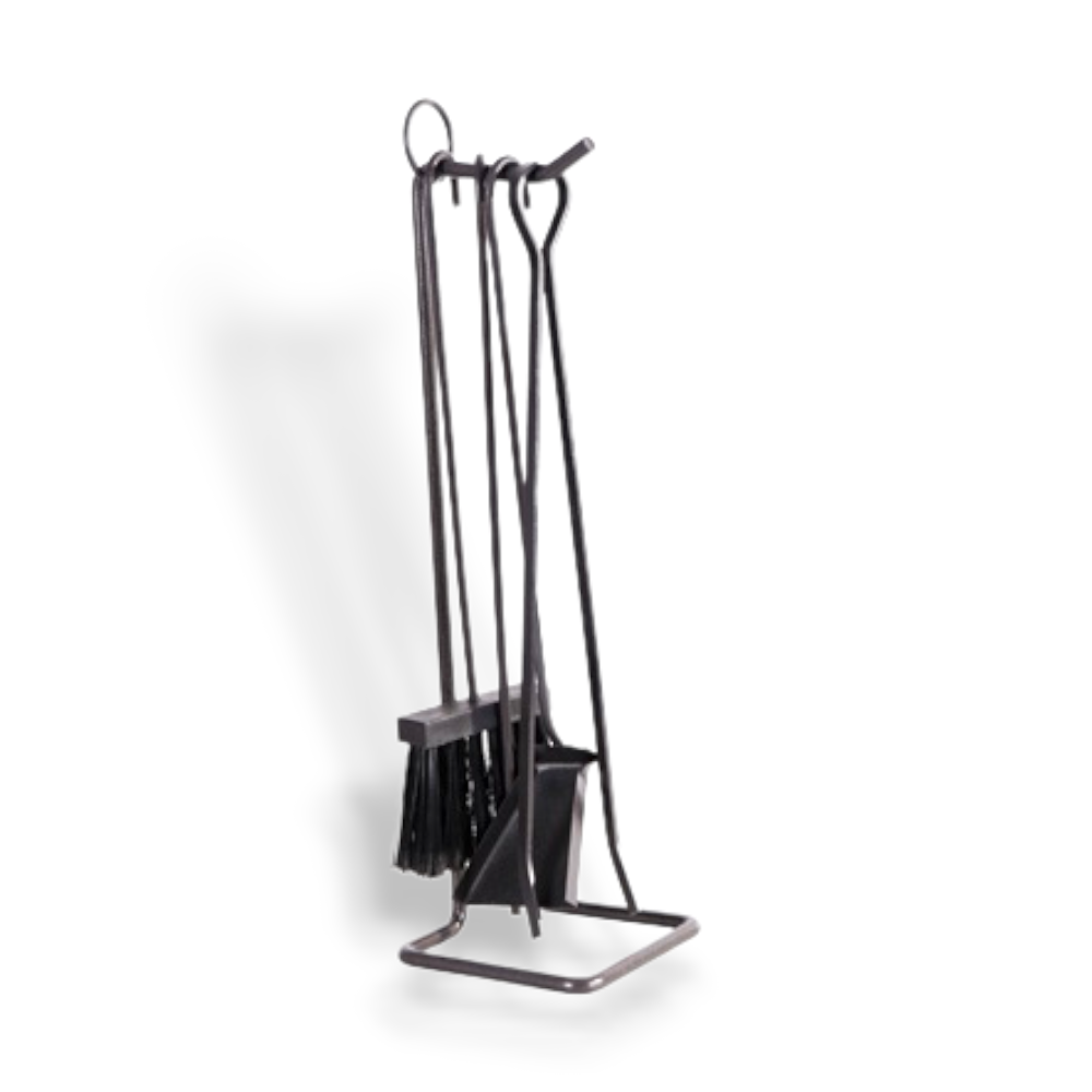 Kit de nettoyage de cheminée comprenant 4 outils en fer forgé, un balai, une pince, un tisonnier et un perchoir porte-outils