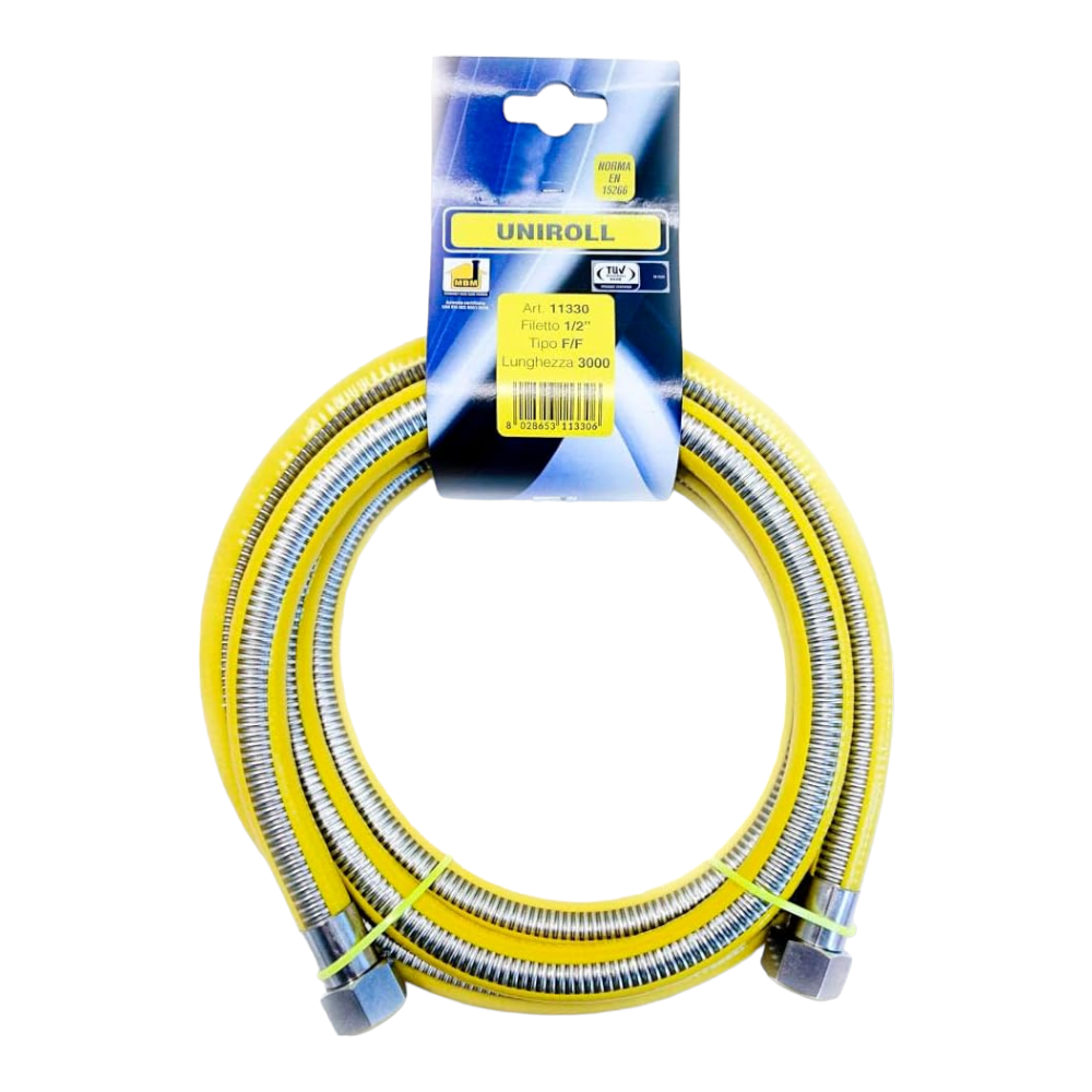 Tuyau flexible à paroi continue en acier inoxydable pour gaz avec embouts et poignée en laiton EN 15266 CE