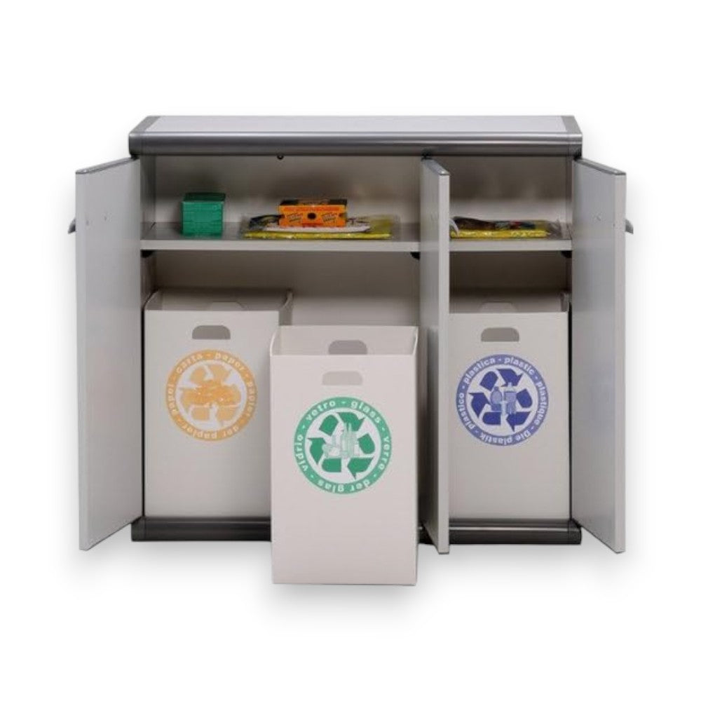 Meuble bas pour seaux de tri sélectif 3 portes en résine scik 93,6x39x86h cm