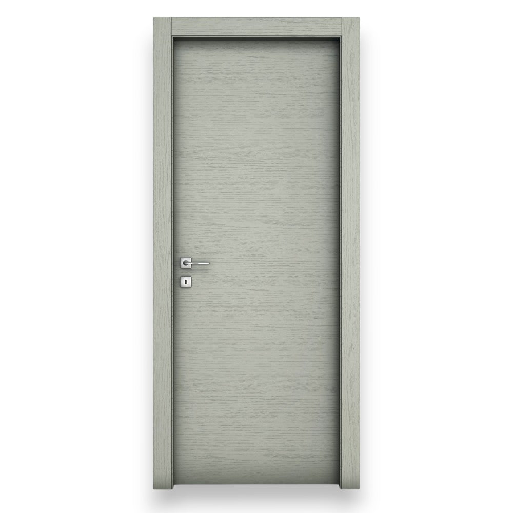 Porte battante intérieure réversible moderne en bois de sapin gris avec grain, articulée avec serrure et profilés 
