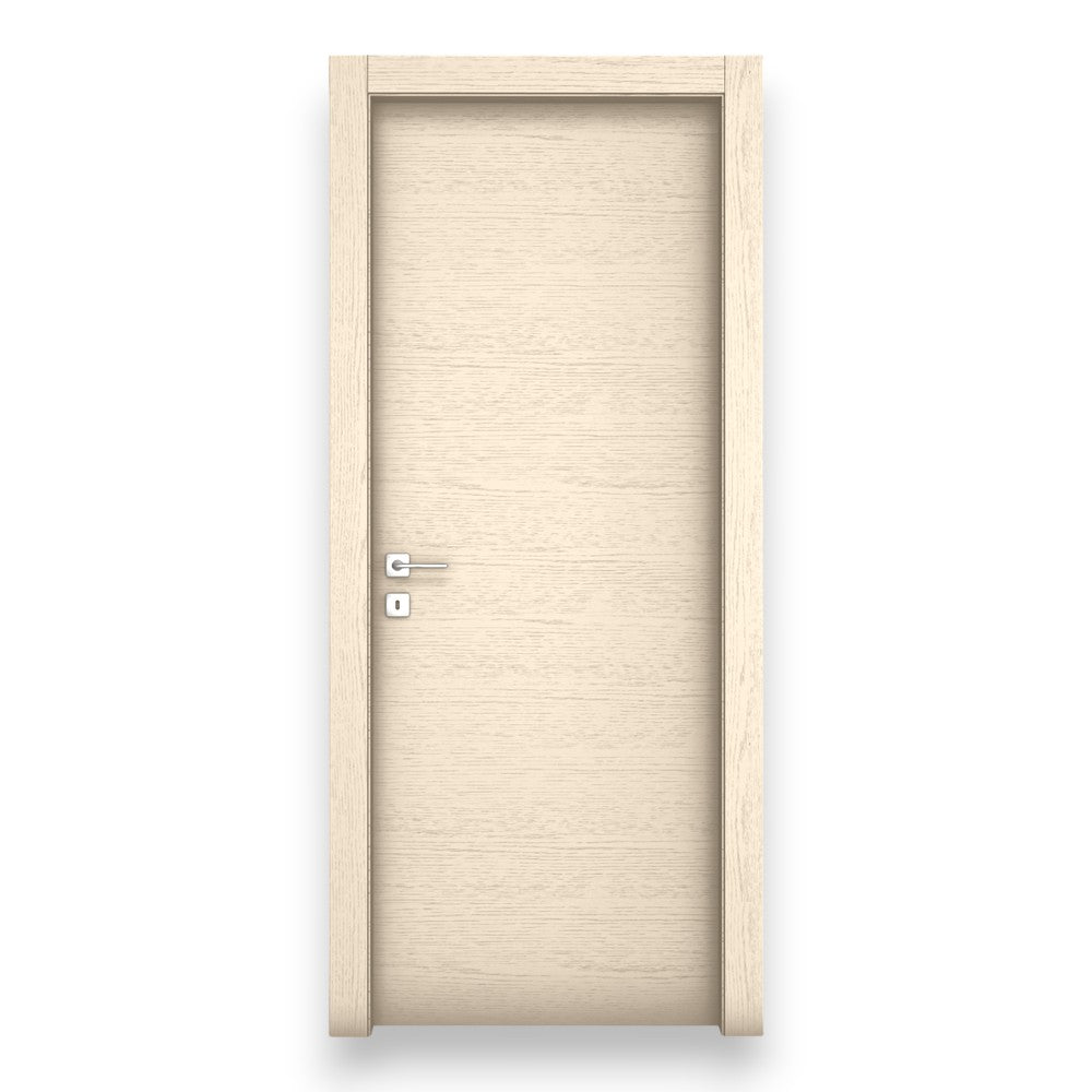 Porte battante intérieure réversible moderne en bois de sapin beige avec grain, articulée avec serrure et profilés 
