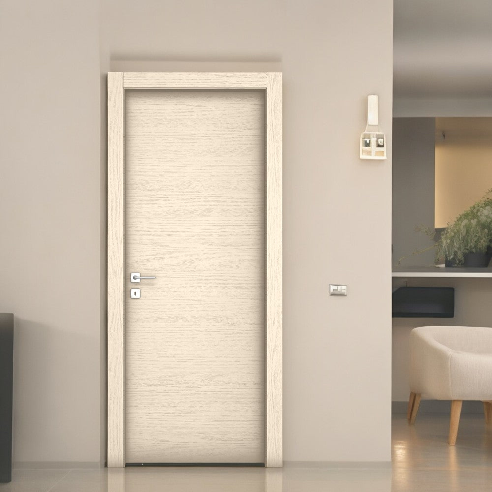Porte battante intérieure réversible moderne en bois de sapin beige avec grain, articulée avec serrure et profilés 