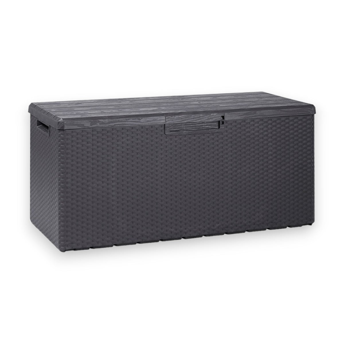 Coffre conteneur extérieur 340 litres en résine anthracite effet rotin et couvercle effet bois Portofino