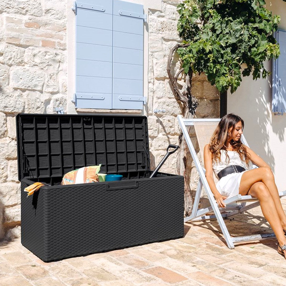 Coffre conteneur extérieur 340 litres en résine anthracite effet rotin et couvercle effet bois Portofino