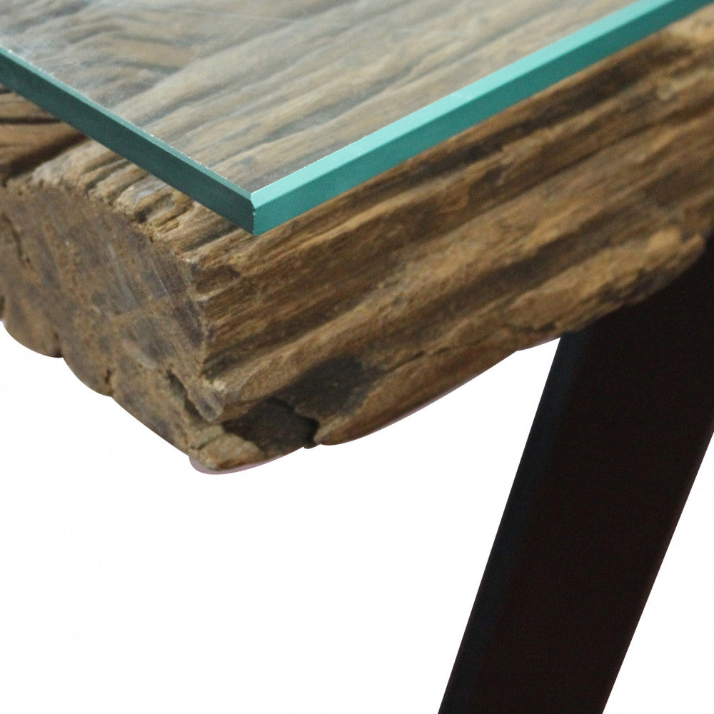 Tavolo con struttura in metallo e piano in legno con vetro temperato per interno 100x200xH77 cm