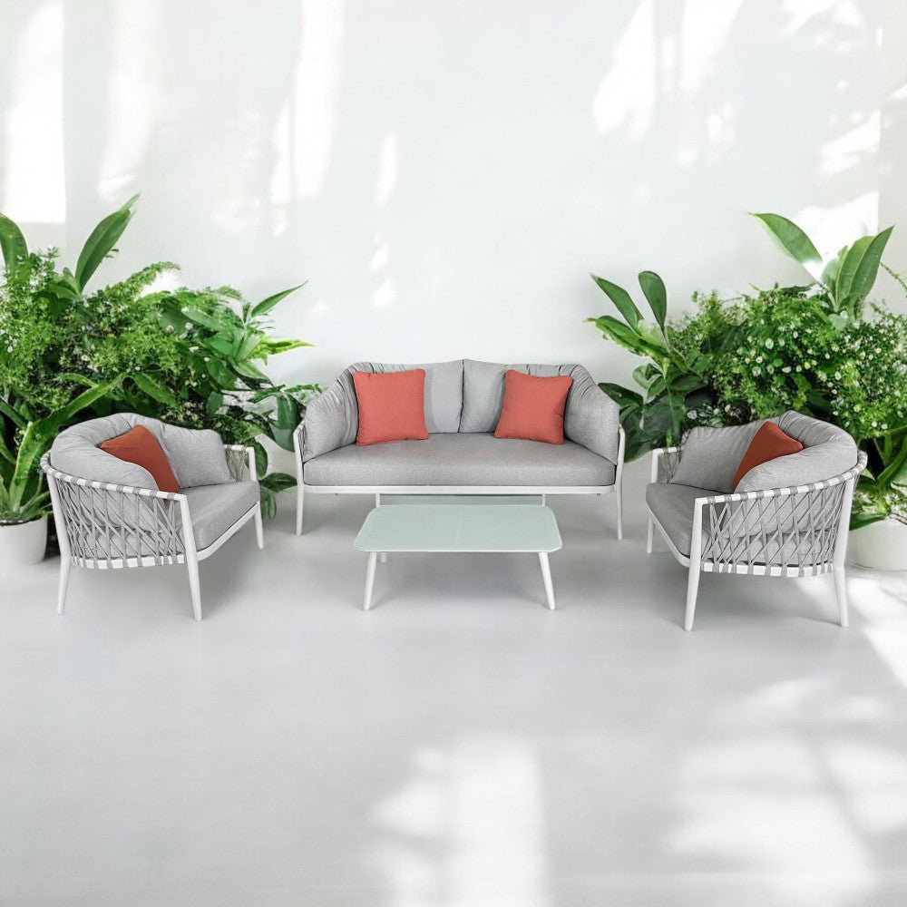 Salotto da giardino struttura in alluminio rivestita in corda pvc con cuscini