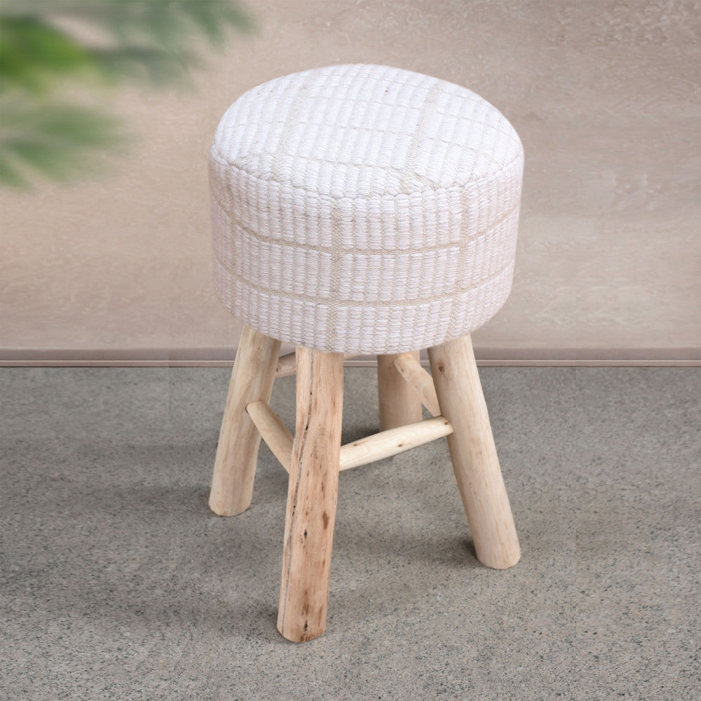 Sgabello bianco in legno e lana con seduta tonda 40x40xH70 cm