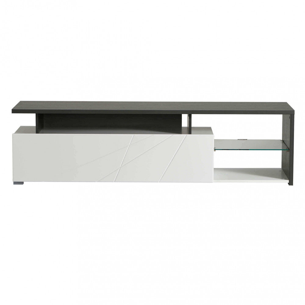 Élégant meuble TV en bois pour salon avec porte pliante blanche et étagère en verre Living TV
