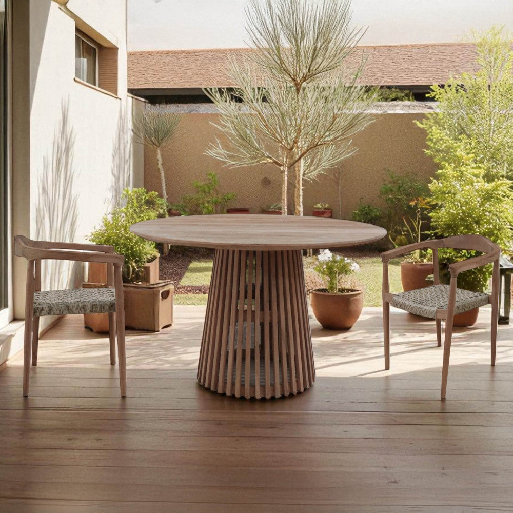Tavolo tondo 120 cm da esterno in legno teak con piede centrale decorato a doghe