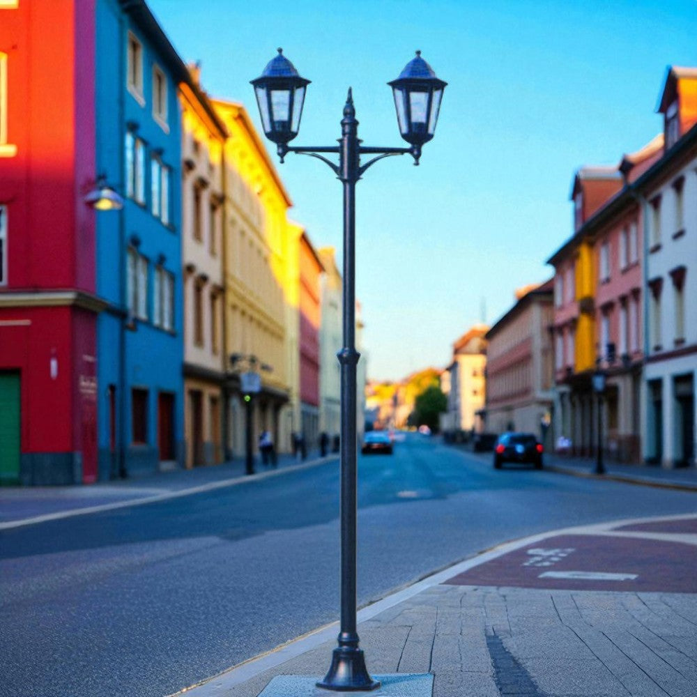 Lampadaire 2 lumières sur poteau modèle Berlin - 2X100w IP44 cm.72x230h. couleur noire