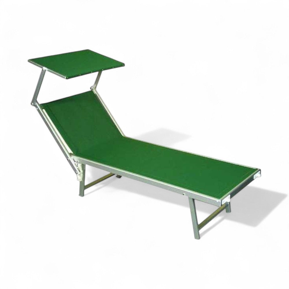 Lit pliant en aluminium Lourd avec parasol en tissu texilène vert - cm.61x184x38/100h. avec vis en acier inoxydable