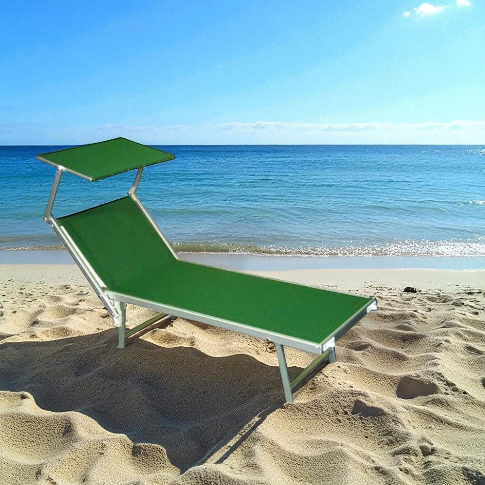Lit pliant en aluminium Lourd avec parasol en tissu texilène vert - cm.61x184x38/100h. avec vis en acier inoxydable