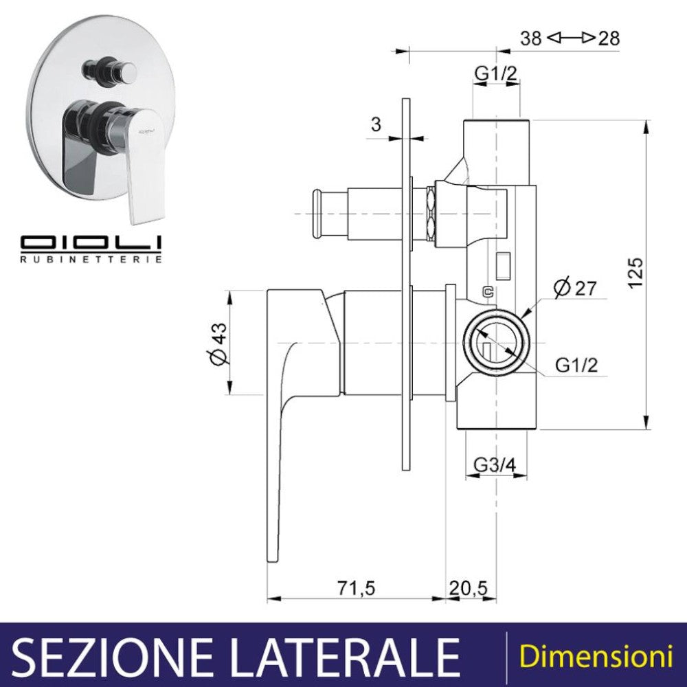 Miscelatore doccia a incasso con deviatore in ottone cromato New Detroit