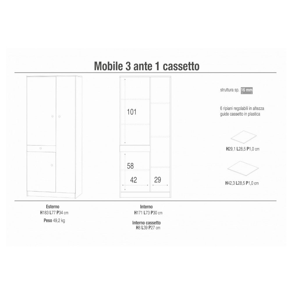 A32300Bik Meuble 3 Portes 1 Tiroir - Kit Blanc Lisse
