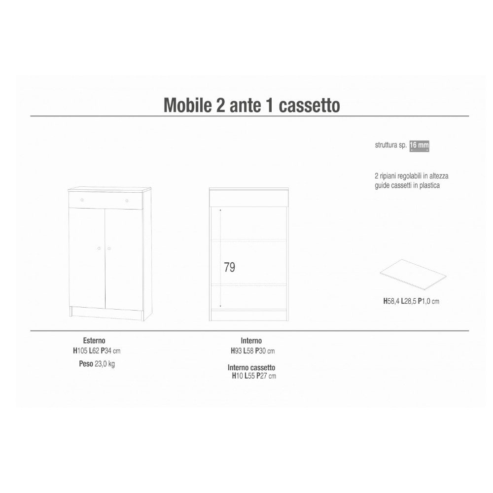 A14100Bi Meuble 2 Portes 1 Tiroir Blanc Lisse et Blanc Lisse