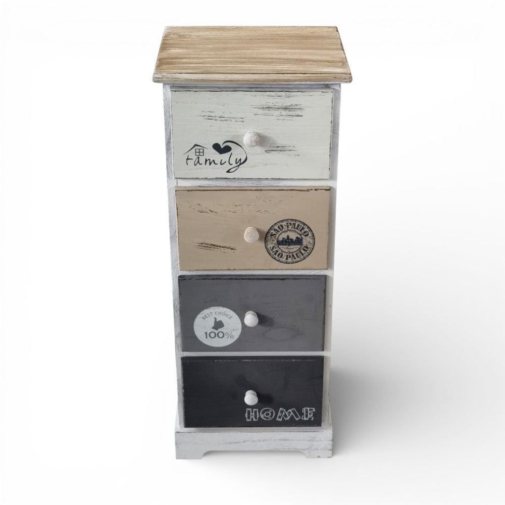 Mobiletto in legno con quattro cassetti fisso con decorazioni 29x25xH72 cm