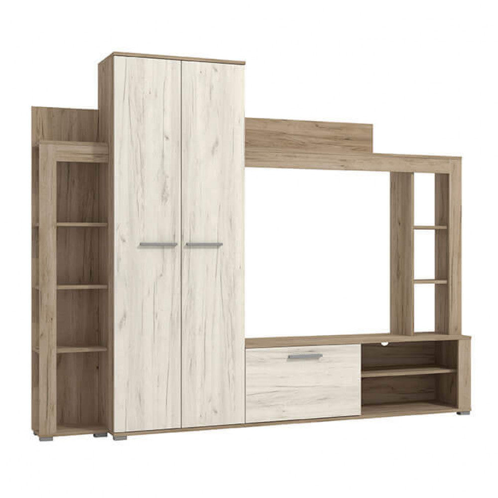 Meuble TV mural de salon en bois avec compartiment pour cintres et 9 étagères Manny
