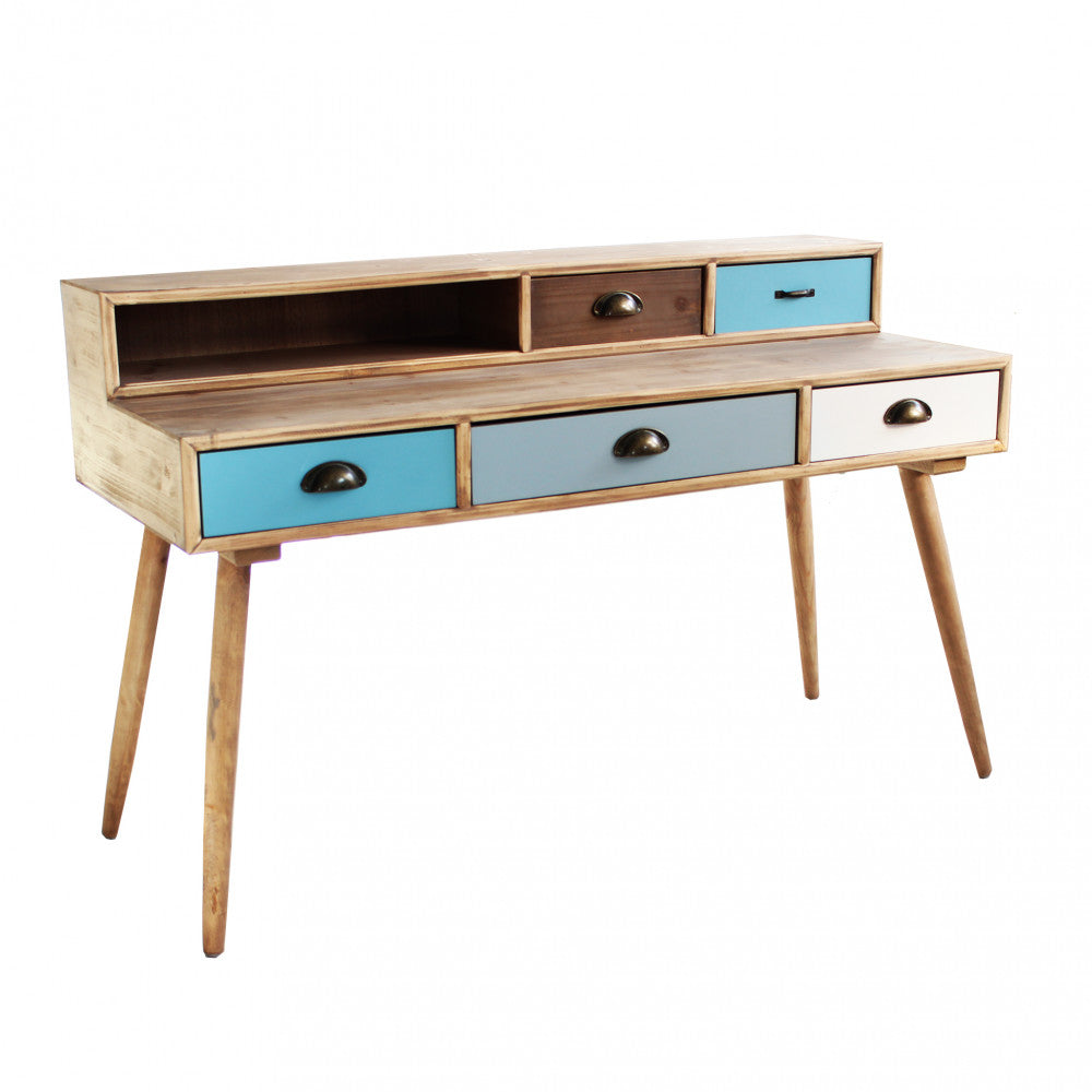 Bureau PC en bois MILLY avec 1 étagère et 5 tiroirs colorés