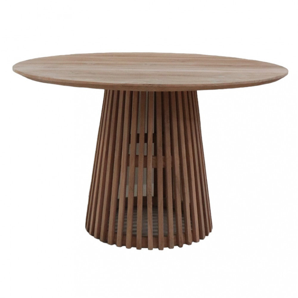 Tavolo tondo 120 cm da esterno in legno teak con piede centrale decorato a doghe