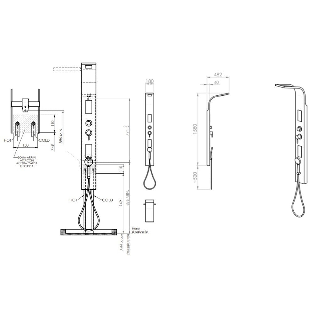 Pannello doccia multifunzione in acciaio inox con getti massaggio e miscelatore manuale Massage 01
