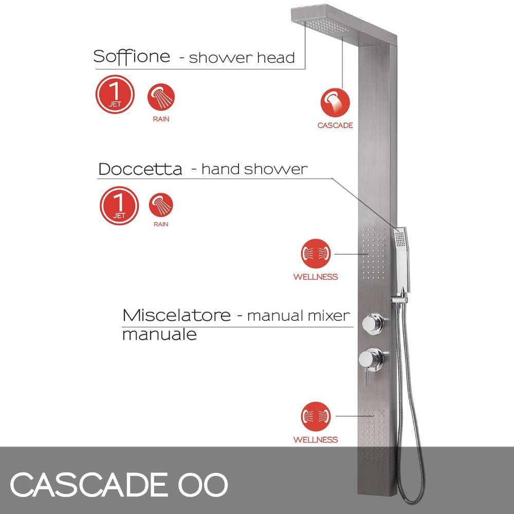 Pannello doccia in acciaio inox h155 cm con getto a cascata e deviatore acqua a 4 vie Cascade 00