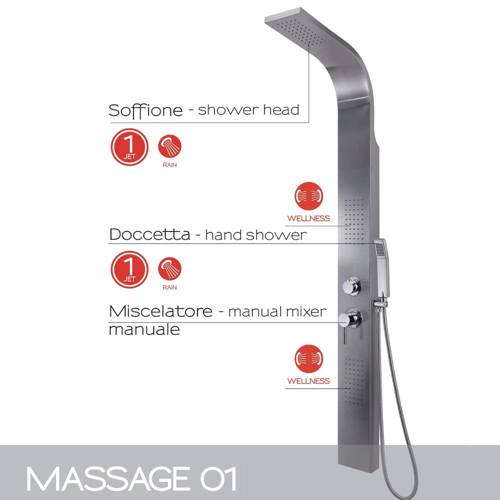 Pannello doccia multifunzione in acciaio inox con getti massaggio e miscelatore manuale Massage 01