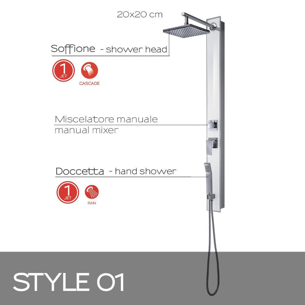 Pannello doccia in vetro temperato e acciaio inox h130 cm con miscelatore manuale Style 01