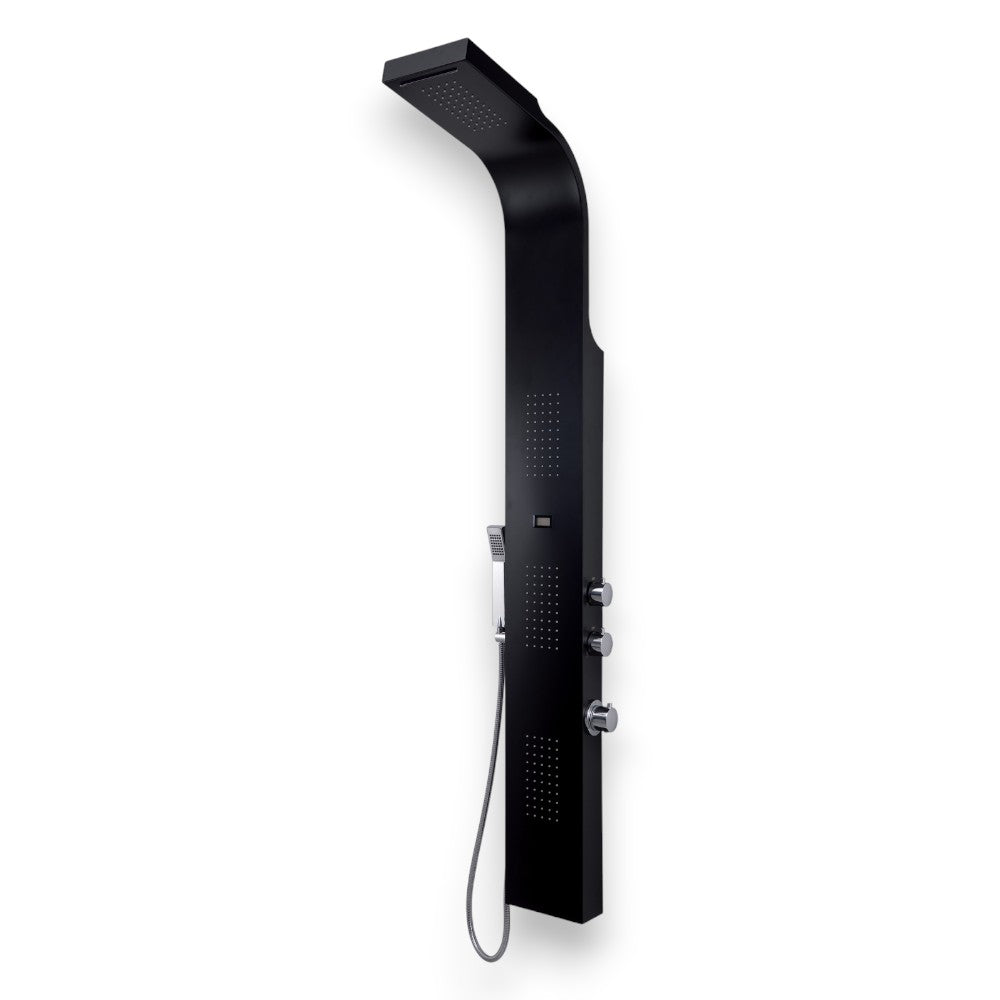 Pannello doccia multifunzione in acciaio inox nero h166 cm con getto a cascata e miscelatore termostatico Spa 01