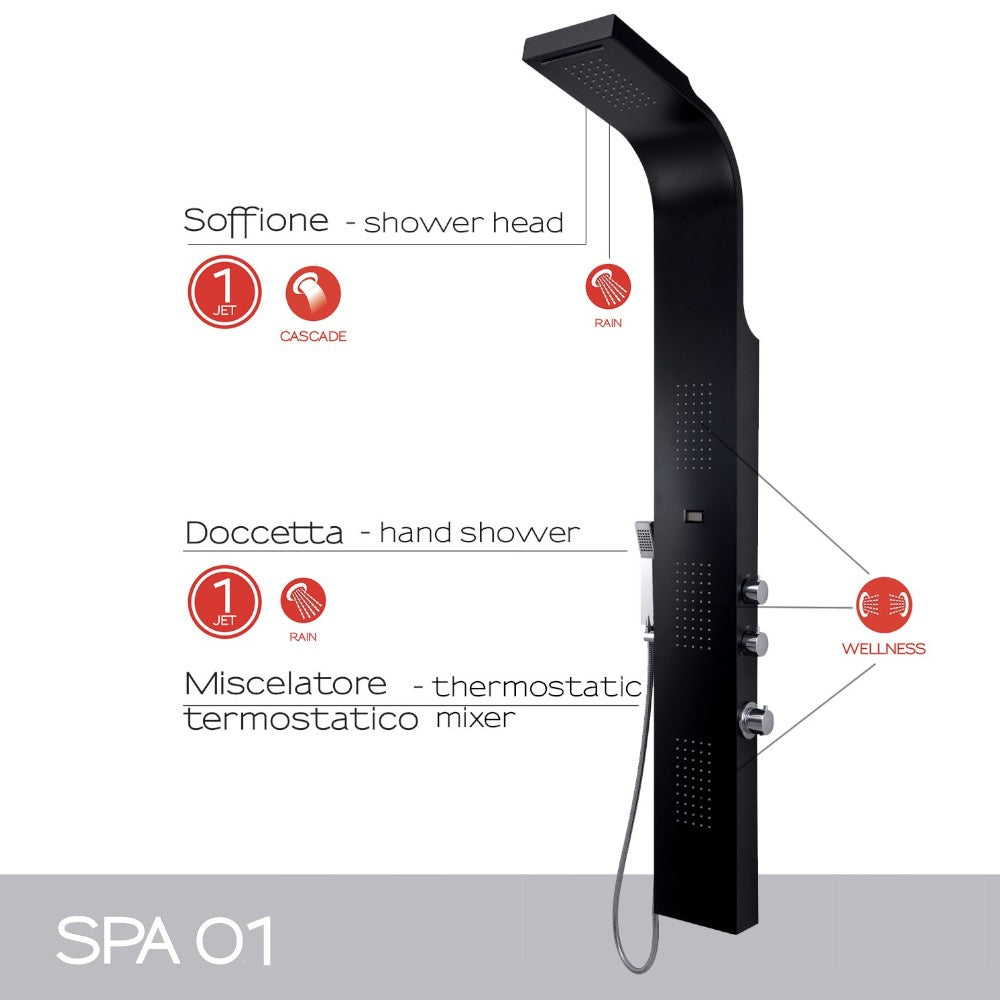 Pannello doccia multifunzione in acciaio inox nero h166 cm con getto a cascata e miscelatore termostatico Spa 01